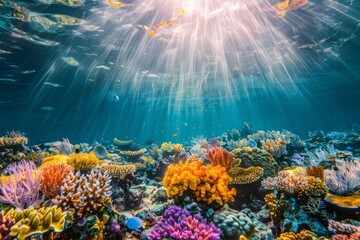 Naklejka premium Vibrant coral reef underwater scene with sun rays illuminating colorful corals. Conceptual. Bright, vivid colors with natural elements. Ideal for nature photography. Generative AI