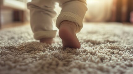 A close-up of a baby first steps on a soft carpet, capturing the innocence and joy of new life.