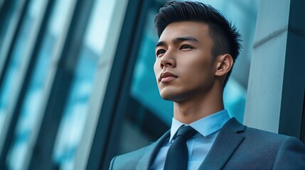 A young man in a suit looks up and to the side, with a city background behind him.