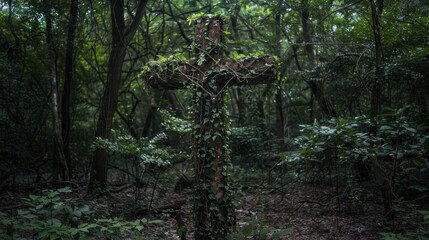 A cross made of intertwined vines, placed in a forest clearing, representing the union of nature and spirituality.