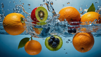 Dynamic Fruit Splash – Fresh Orange, Strawberry, and Kiwi in Water