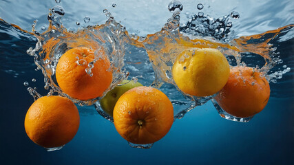 Dynamic Fruit Splash – Fresh Orange, Strawberry, and Kiwi in Water
