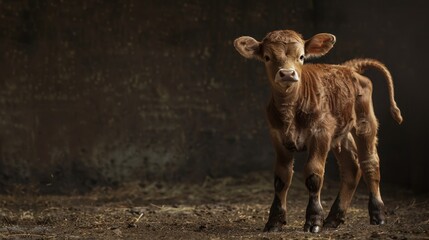 Fototapeta premium A newborn calf standing for the first time, representing the beginning of a new journey in life.