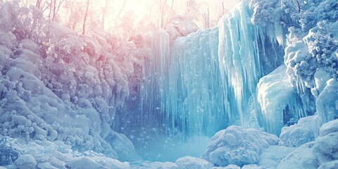 Enchanting Anime-Style Icy Winter Waterfall: A Frozen Cascade Sparkling in the Sunlight, Devoid of Explorers, Ideal for Christmas, New Year, and Spring Festival Promotional Travel Posters,anime style