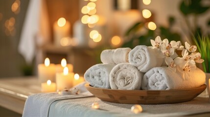 A peaceful spa atmosphere with rolled towels, a bowl of fresh flowers, and soothing candles.