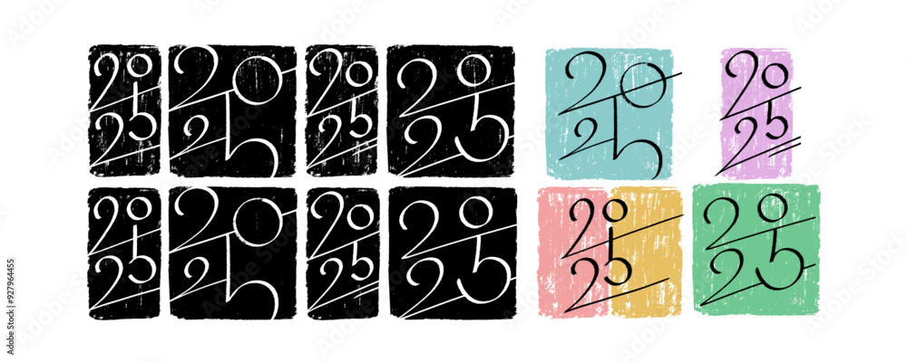 Poster 2025 vector hand-drawn numbers rectangular compositions with stamp-like backgrounds. 2025 number des