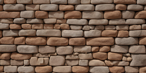 Obraz premium Unregelmäßig geschichtete Steinwand aus unterschiedlich großen, abgerundeten Natursteinen, die eine rustikale Textur und eine warme Farbpalette von Beige bis Braun aufweist