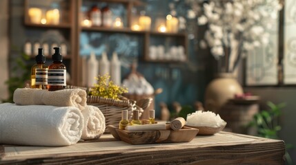A peaceful Thai massage environment with folded towels, wooden massage tools, and aromatic oils.