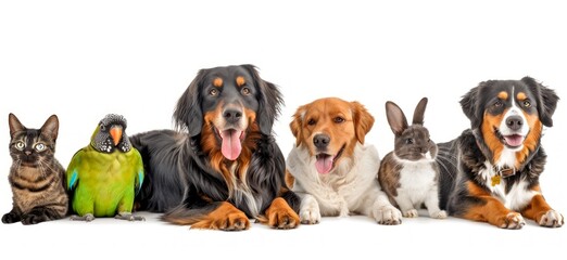 A vibrant gathering of pets showcasing diverse animals, including cats, dogs, and a rabbit. This image captures joy and companionship in a fun, colorful style. Perfect for animal lovers. AI