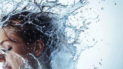 Closeup of a woman's face with water splashing around her head.