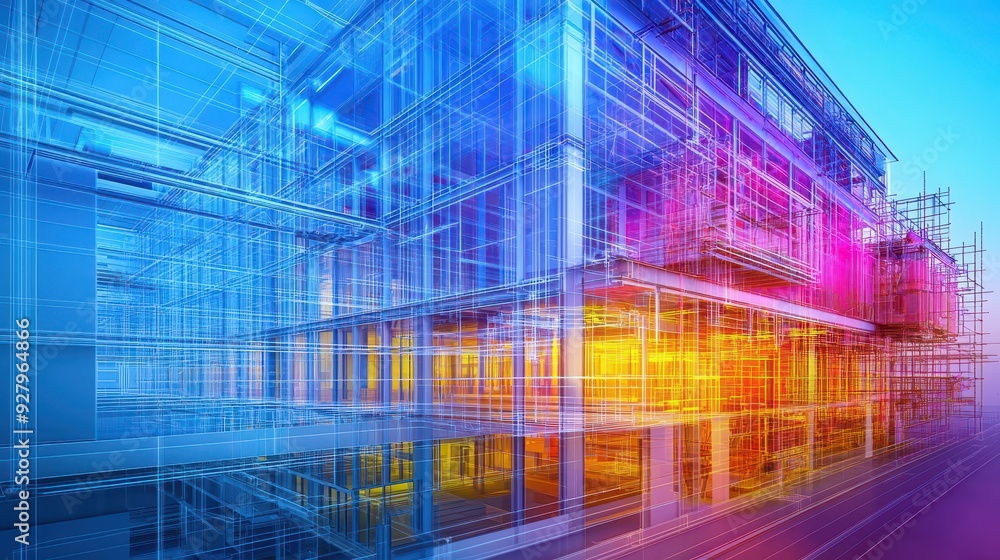 Poster abstract building architecture in neon colors.