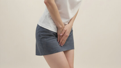 Young Asian Woman Holding Groin in Pain and Itching from Vaginal Infection and Urinary Problems
