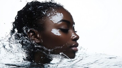 Close-up of a woman's face emerging from water, with a splash of water.