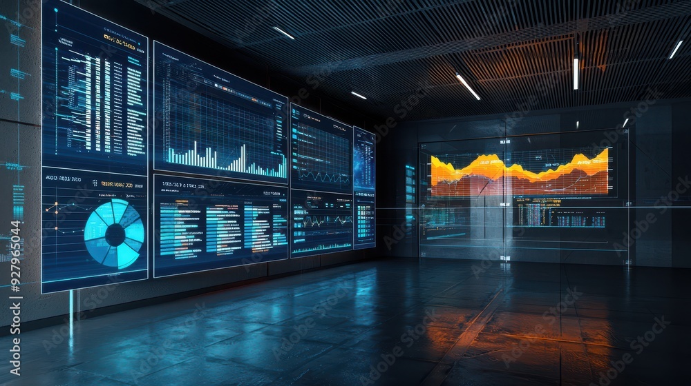 Poster futuristic data center interior with screens displaying graphs and charts.