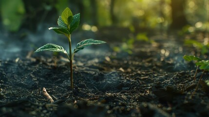 A sapling growing in a deforested area, representing hope and renewal in nature.