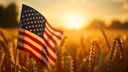 American flag waving in a field of golden wheat, symbolizing prosperity and patriotism, Realism, Warm tones, Natural light