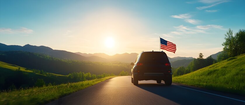 American flag waving on a vintage car driving down a scenic highway, surrounded by lush green hills and a clear blue sky, captured in vibrant colors, Retro style, Photography
