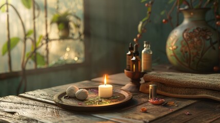 Naklejka premium A serene Thai massage room with a lit candle, essential oils, and herbal compress balls on a wooden tray.
