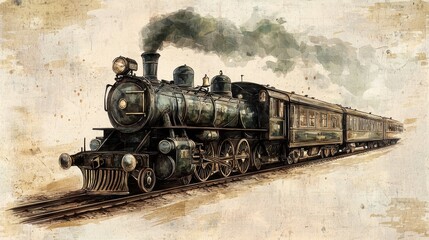 Naklejka premium Vintage Steam Train Watercolor Painting.