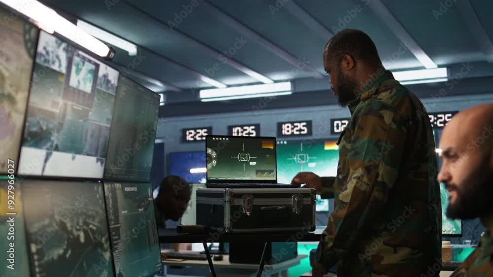 Poster air force officer performing tactical level surveillance in command room using laptop. close up of m