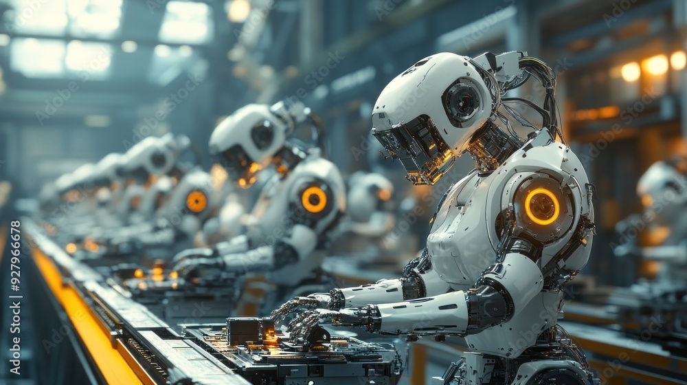 Poster robots on an assembly line