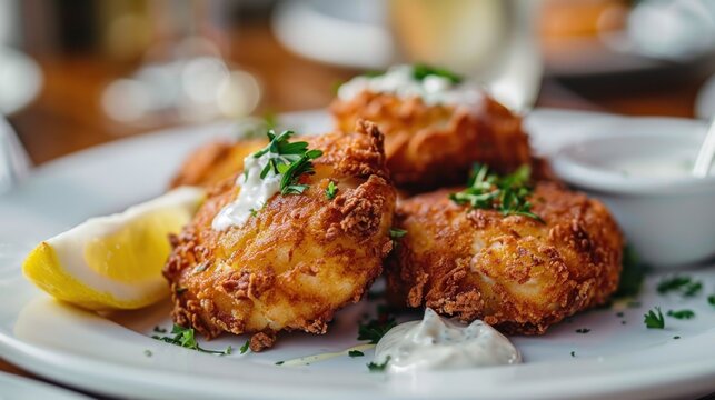 Fried crab cakes served with a lemon wedge and remoulade sauce on a white plate.
