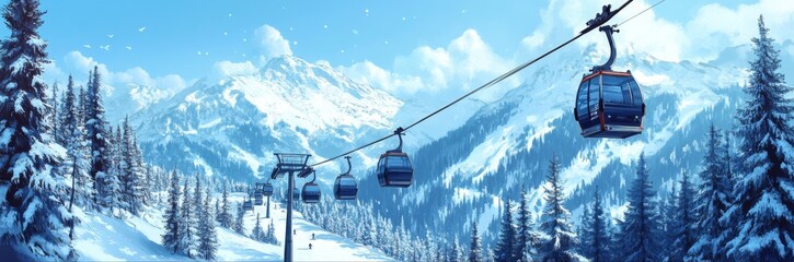 Enchanting Anime-Style Winter Ski Resort: A Serene Snowy Landscape with Vacant Slopes, Covered Trees, and Cable Cars, Ideal for Christmas, New Year, and Spring Festival Travel Posters.