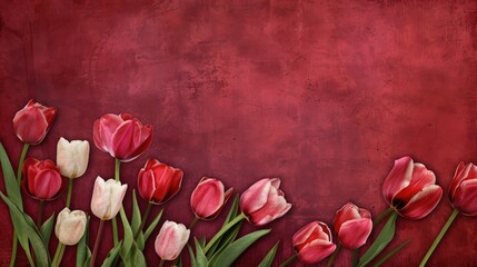 Romantic greeting card with red and pink tulips on a crimson backdrop