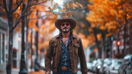 Obraz premium A man dressed in stylish clothes Includes cowboy hat and sunglasses. Walk confidently along the city streets.