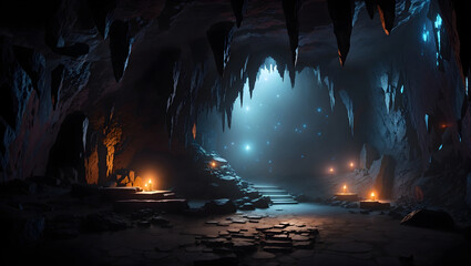 Obraz premium Mysterious Cave with Dark Entrances and Shadowy Depths Illuminated by Glowing Rocks and Hidden Pathways