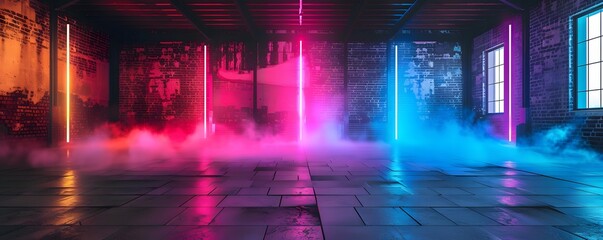 Fototapeta premium Neon Lights Illuminating a Brick Room with Fog