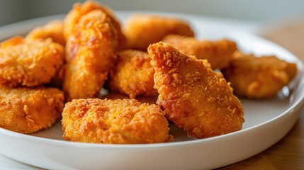 Close up on delicious breaded chicken nuggets served on a plate.