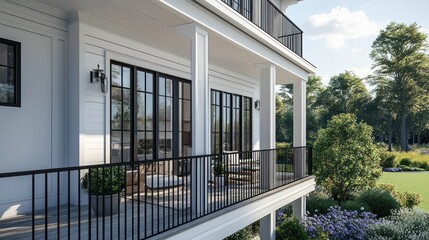Fototapeta premium A white house with a balcony overlooking a garden.