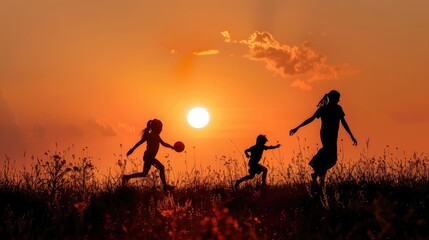 Family silhouettes playing in the sunset