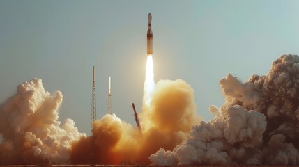 Clouds of smoke surround the rocket launch.