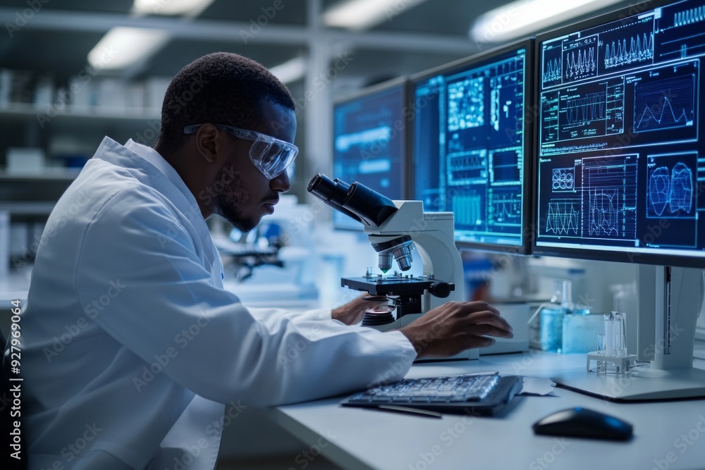 Aufkleber a focused scientist analyzes samples using a microscope while surrounded by high-tech monitors. the 