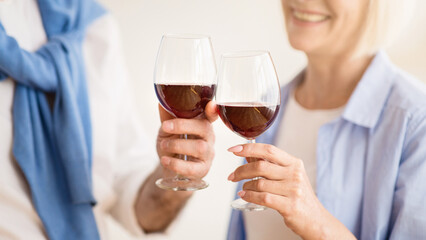 Mature couple clinking glasses of red wine, celebrating anniversary at home