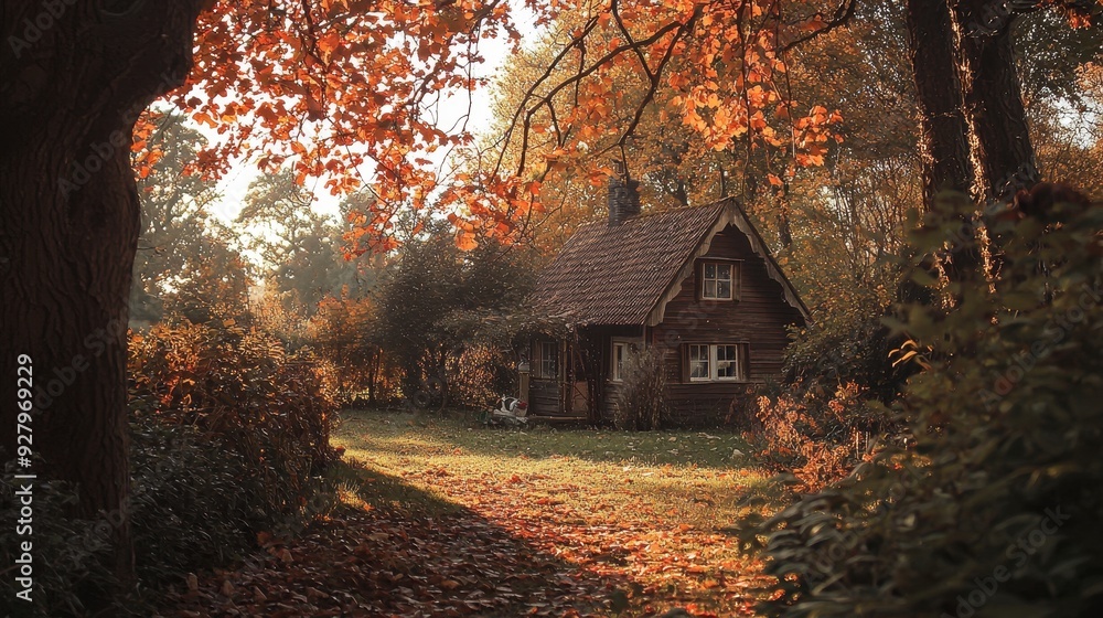 Sticker autumnal cottage in the woods.