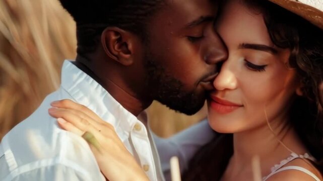 Affectionate romantic interracial black and Caucasian couple in love