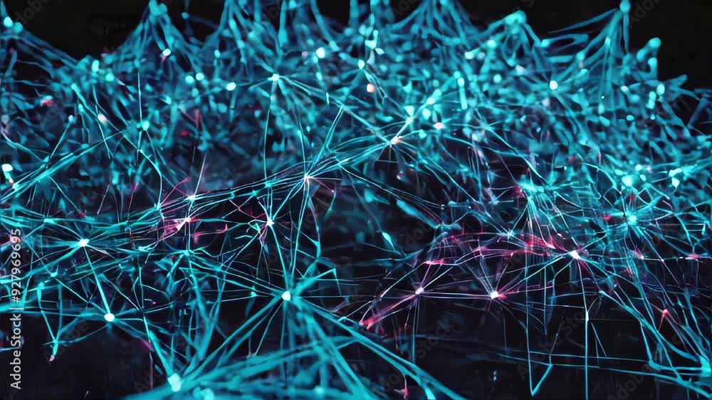 Poster a complex web of interconnected lines and nodes, representing a digital network or neural connection