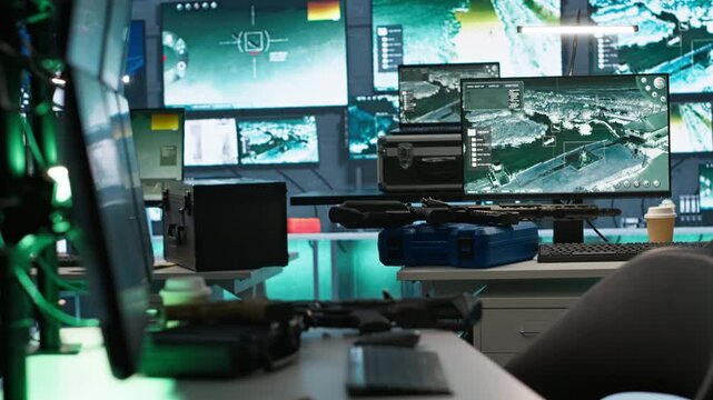 Empty army command center housing operational missile defense system designed to intercept and destroy ballistic missiles. Armed forces headquarters used for tracking rockets using radar systems