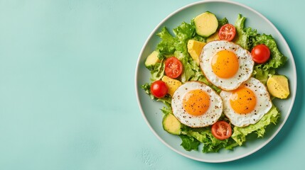 Fried eggs with vegetables on a plate. A bright healthy breakfast