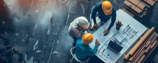 Three Construction Workers Analyzing Blueprints