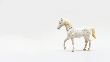 A white horse figurine with black spots stands on a white background.