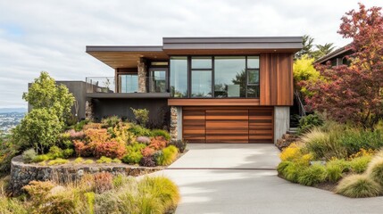 Obraz premium Modern home with wood siding and large windows sits on a hillside with lush landscaping.
