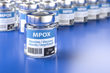 Vials of vaccine against Mpox: The word vaccination in English, Spanish, French and German on the...