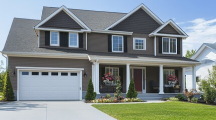A two-story brown house with a white garage door, white trim, and a front porch with flower baskets.
