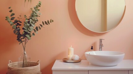 A serene bathroom space featuring an elegant bowl sink and stylish decor. Soft peach walls create a calming atmosphere. Ideal for design inspiration and relaxation. AI