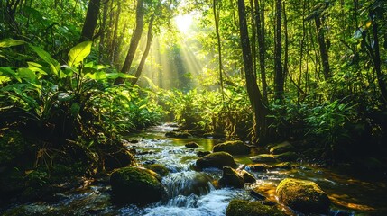 Sunbeams Through Rainforest Canopy with Stream.