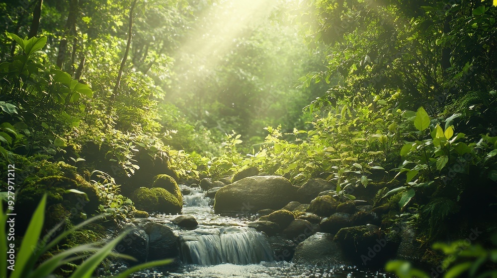 Poster sunlight filtering through lush forest canopy with stream.